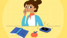An illustration of a startled mom looking at a buzzing phone instead of an open book and apple